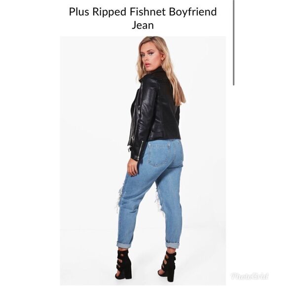 BOOHOO Blue Boyfriend Distressed Ripped Fishnet Light Wash Jeans - Picture 3 of 16